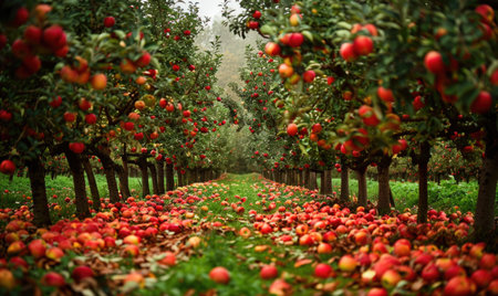 Apple orchard with rows of apple trees fallen apples on the groundの素材