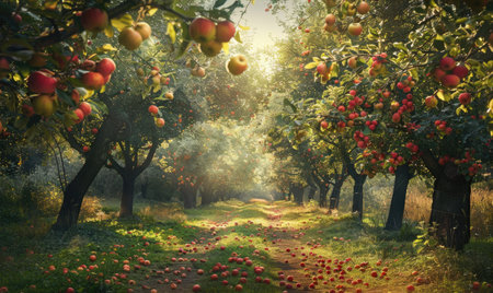 Apple orchard with trees full of ripe applesの素材