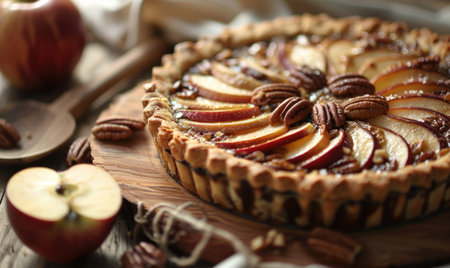 Apple and pecan tart on a wooden boardの素材