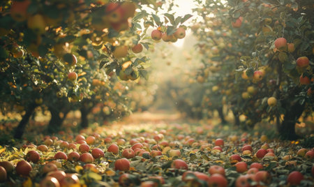 Apple orchard with trees bearing ripe applesの素材