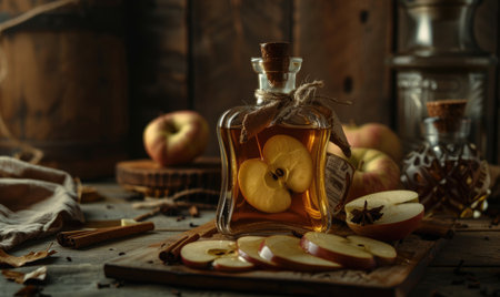 Apple syrup in a bottle with a wooden stopper on a rustic tableの素材