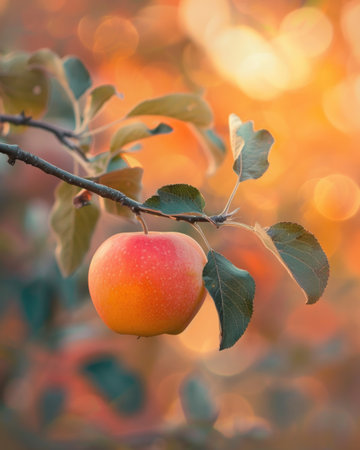 Apple on a branch with autumn colors in the backgroundの素材