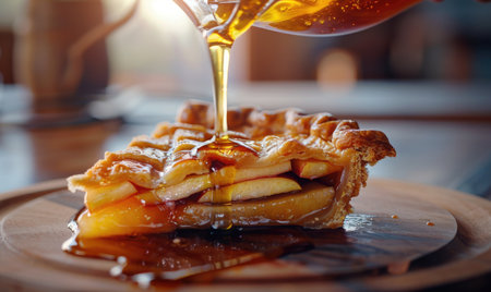 Apple syrup being poured over a slice of apple pieの素材