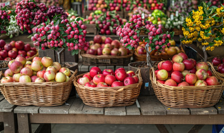 Apple stand at a farmer's market with baskets of applesの素材