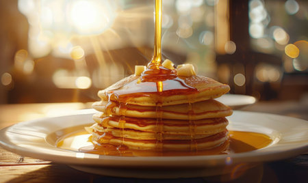 Apple syrup being poured over a stack of pancakesの素材