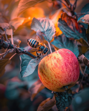 Apple with a bee nearby early morning lightの素材