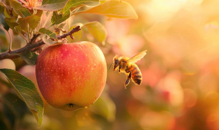 Apple with a bee nearby early morning lightの素材
