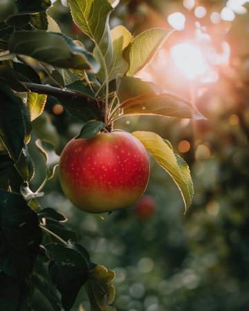 Close-up of a red apple surrounded by green leavesの素材