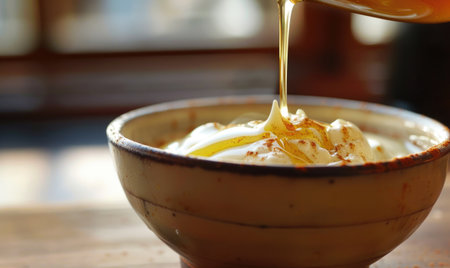 Apple syrup drizzled over a bowl of Greek yogurtの素材