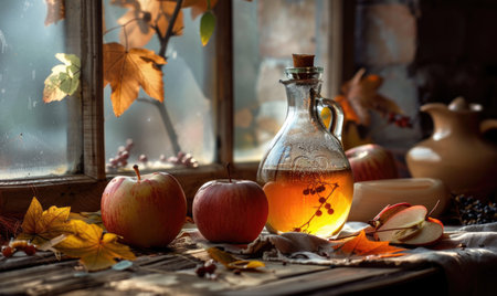 Apple syrup in a bottle with a wooden stopper on a rustic tableの素材