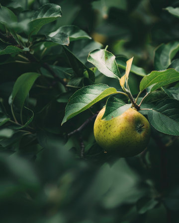 Apple with a bit of sunlight filtering through the leavesの素材