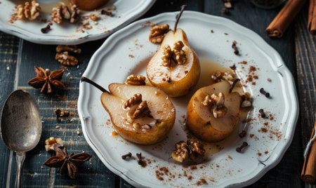 Baked pears with cinnamon and nutsの素材