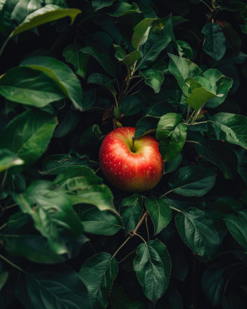 Close-up of a red apple surrounded by green leavesの素材