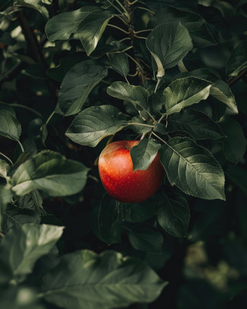 Close-up of a red apple surrounded by green leavesの素材