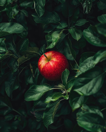 Close-up of a red apple surrounded by green leavesの素材