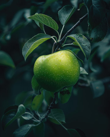 Close-up of a green apple on a branch with leavesの素材