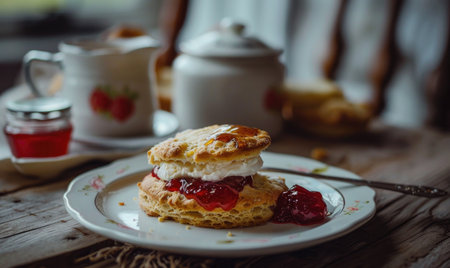 Apple jam being spread on a warm biscuitの素材