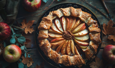 Apple galette with a flaky crust on a rustic tableの素材