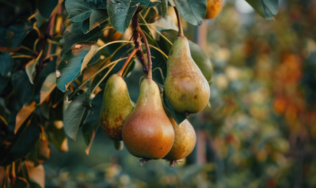 Close-up of pears hanging from tree branches, soft focus backgroundの素材