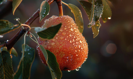 Close-up of a pear with water droplets on a branchの素材