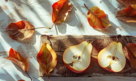 Close-up view of fresh pear slices on a wooden boardの素材