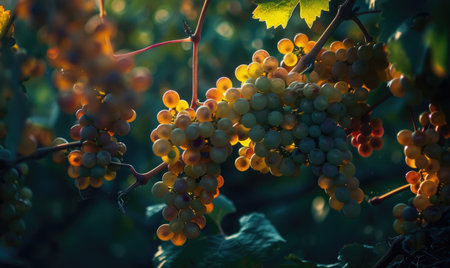 Bunches of grapes hanging from vinesの素材