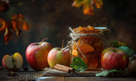 Apple jam in a decorative glass jar with fresh apples and a cinnamon stickの素材