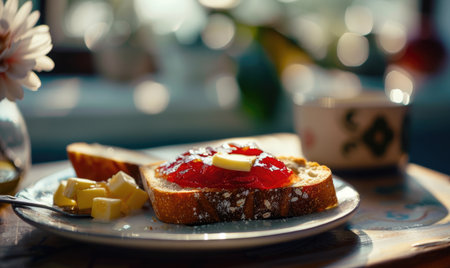 Apple jam on a slice of bread with butterの素材