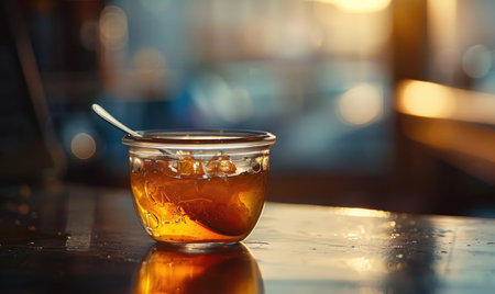 Apple jam in a clear jar with a small spoon insideの素材