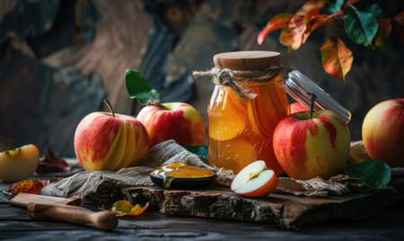 Apple jam in a glass jar with a ribbon tiedの素材