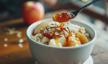 Apple jam being added to a bowl of oatmealの素材