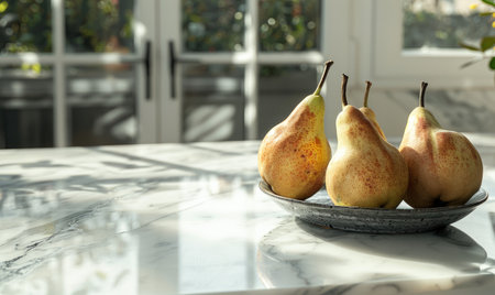 Close-up of pears on a marble countertopの素材