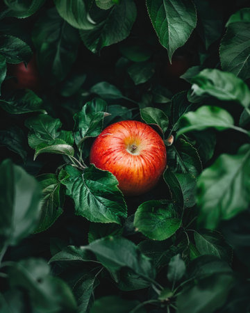 Close-up of a red apple surrounded by green leavesの素材
