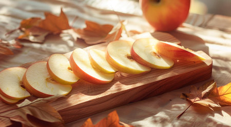 Close-up view of fresh apple slices on a wooden boardの素材