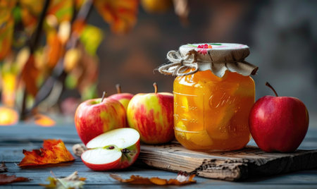 Apple jam in a glass jar with a ribbon tiedの素材
