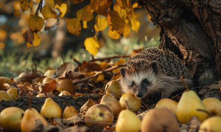Hedgehog among fallen pears under a treeの素材