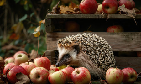 Hedgehog enjoying an apple near a wooden crate filled with applesの素材