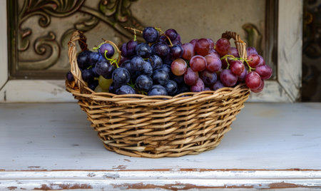 Grapes in a woven basket on a white market tableの素材