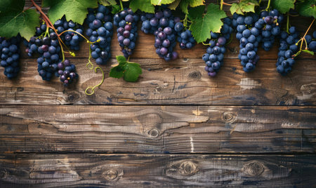 Grapes on vines with rustic wooden backgroundの素材