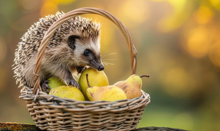 Hedgehog exploring pears in a wicker basketの素材