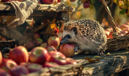 Hedgehog happily eating an apple by a rustic apple standの素材