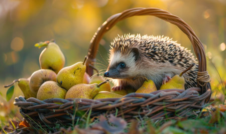 Hedgehog exploring pears in a wicker basketの素材