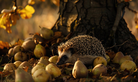 Hedgehog among fallen pears under a treeの素材
