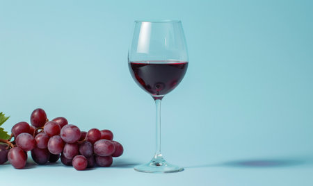 Grapes on a light blue background with a glass of red wineの素材