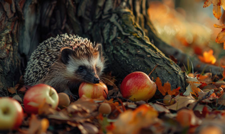 Hedgehog biting into an apple under a treeの素材
