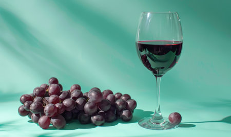 Grapes on a cool teal background with a glass of red wineの素材