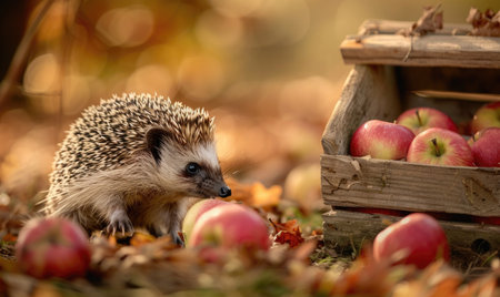 Hedgehog enjoying an apple near a wooden crate filled with applesの素材