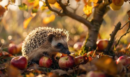 Hedgehog eating an apple under an apple treeの素材