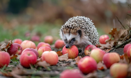 Hedgehog munching on an apple in an orchard, apples scattered on the groundの素材