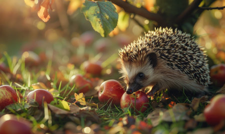 Hedgehog eating an apple under an apple treeの素材